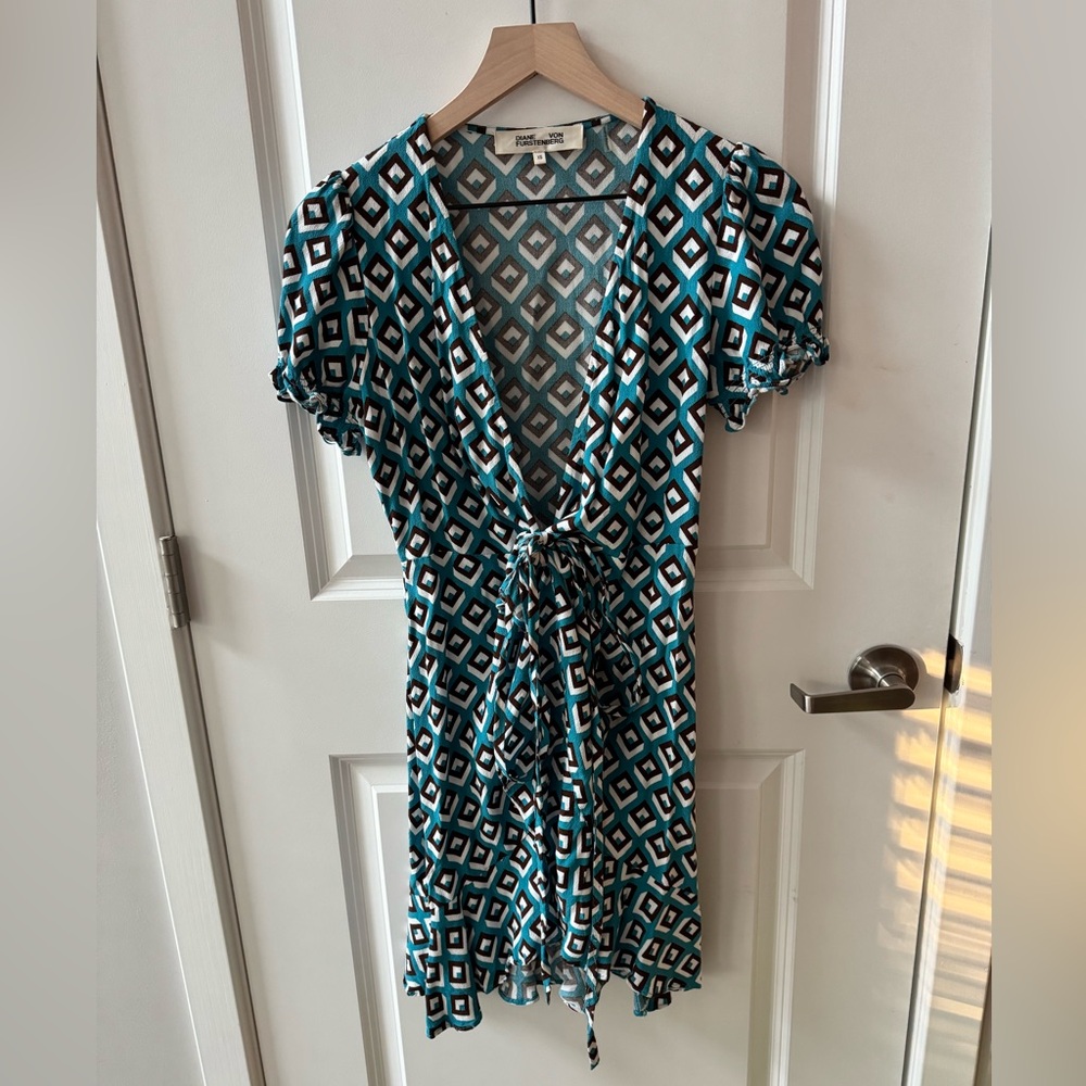Diane Von Furstenberg Teal and Black Mini Wrap Dress